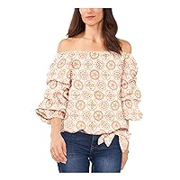 Vince Camuto Womens Ivory Unlined Elastic Cuffs Curved Vented Hem Printed Pouf Sleeve Off Shoulder Top XS