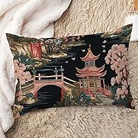 ArogGeld Chinoiserie Charcoal Coral Pagoda Farmhouse Throw Pillow Cover Pagoda and Flower Asian Style Lumbar Throw Pillow Cushion Oriental Chinoiserie Pillow Sham 12x20in White Linen