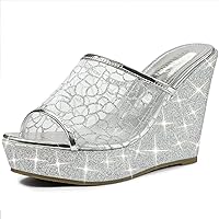Allegra K Women's Glitter Platform Heels Slide Wedge Sandals