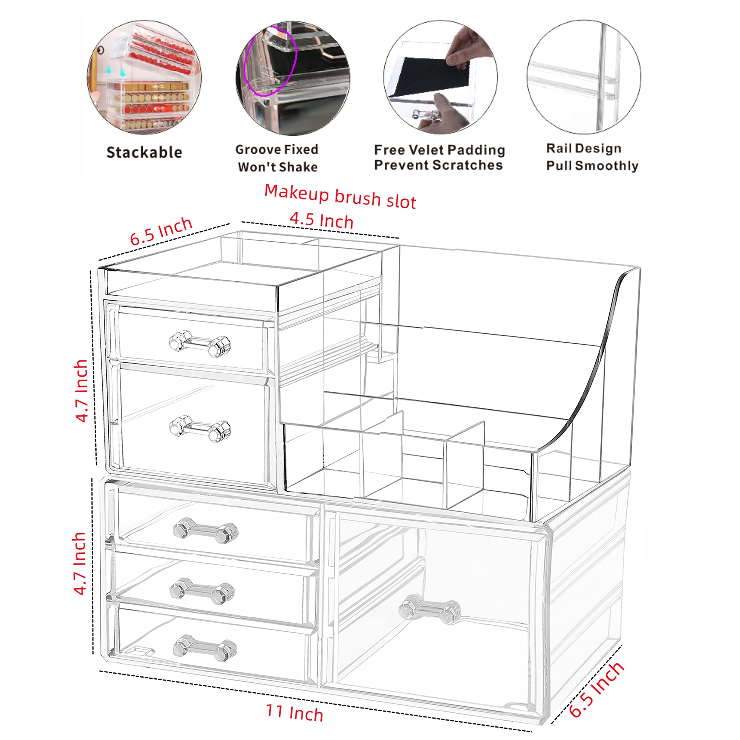 Clear Makeup Organizer and Storage For Vanity,Large Acrylic Cosmetics Display Cases with Stackable Drawers For Bathroom Counter Dresser Brushes Lipsticks Skin Care Beauty Skincare Product Organizing