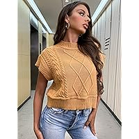Women's Knitted Tops Mock Neck Argyle & Cable Knit Top Knitted Tops (Color : Camel, Size : X-Small)