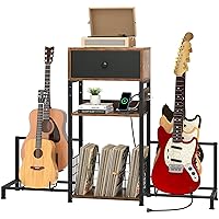 DWVO Guitar Stand 4 Holder For Acoustic, Electric Guitar, Bass, Ukulele, Banjo, Storage Drawer and Power Strip, Adjustable Multiple Guitar Stands For Home Music Studio With Amp Accessories Rack,Rustic