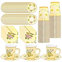 Disposable Tea Party Cups - 50 Pack Floral Tea Cup and Saucer Set Paper Tea Cups with Handles Tea Party Decorations for Kids Girls Coffee Mugs Wedding Birthday Bridal Baby Shower Tea Party Supplies