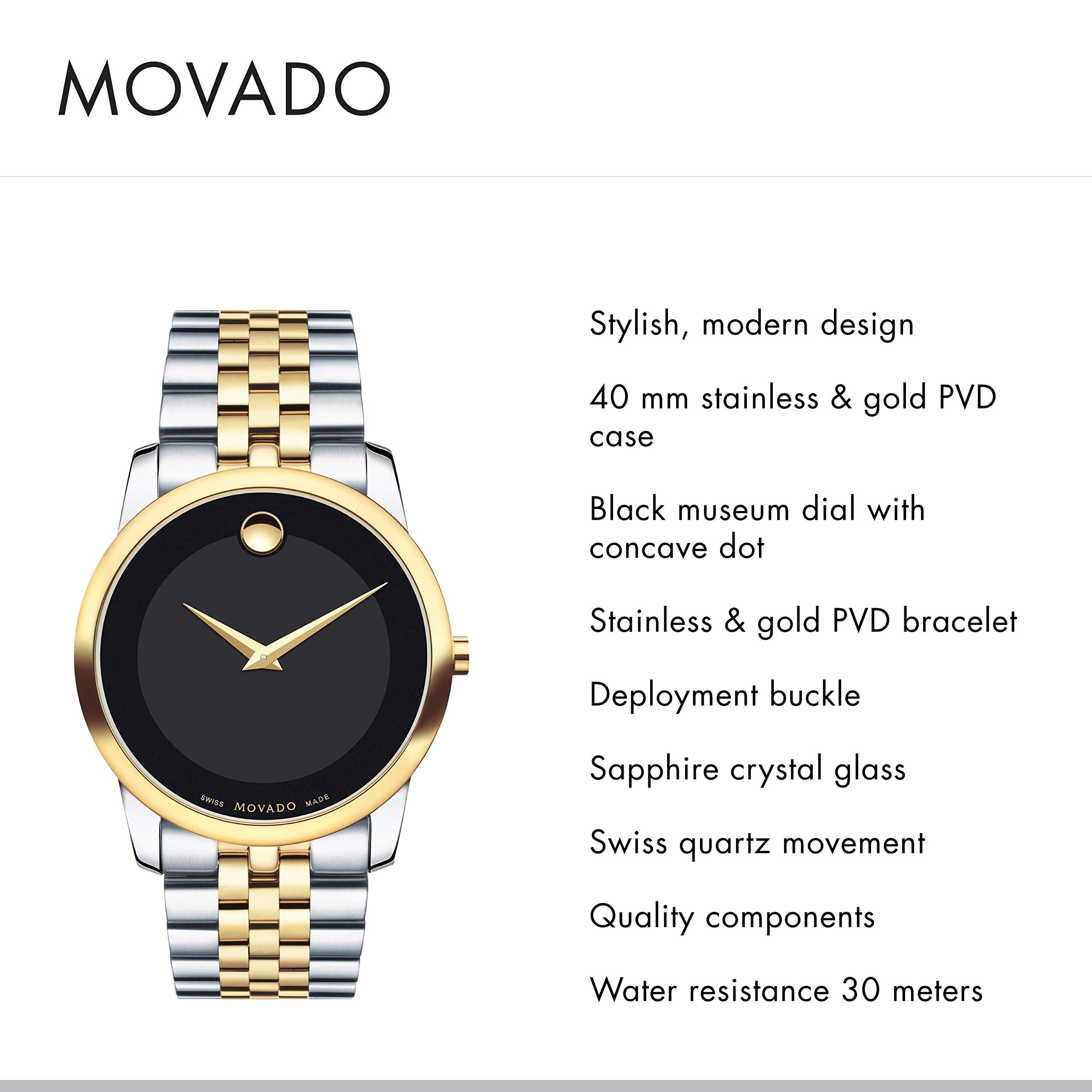 Movado Men's Museum Two Tone Watch with Concave Dot Museum Dial, Gold/Black & Brown Strap (606899)