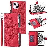 Smartphone Flip Cases Wallet Case Compatible with iPhone 15 Plus with Card Slot Case, Zipper Leather Case,Magnetic Closure Flip Case Embossed Floral Leather Cover with Detachable Crossbody Strap Flip