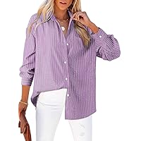 Astylish Women Blouses Oversized Striped Shirt Long Sleeve V Neck Button Down Work Top