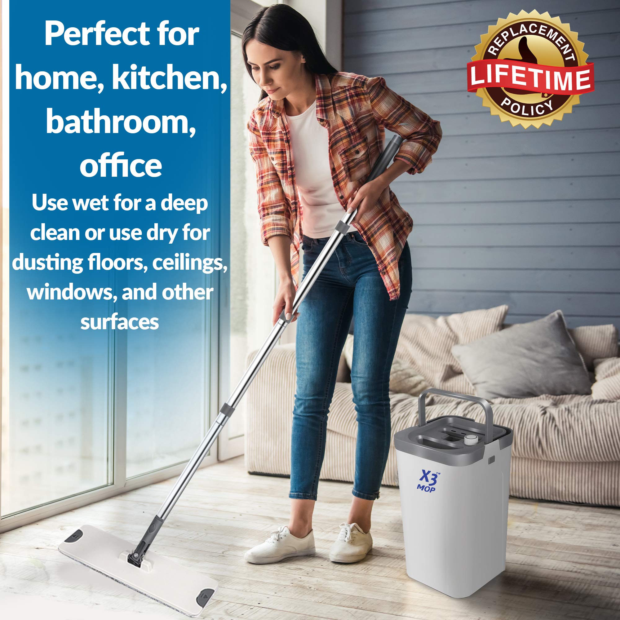X3 Mop, Separates Dirty and Clean Water, 3-Chamber Design, Flat Mop and Bucket Set, Hands Free Home Floor Cleaning, 3 Reusable Microfiber Mop Pads Included