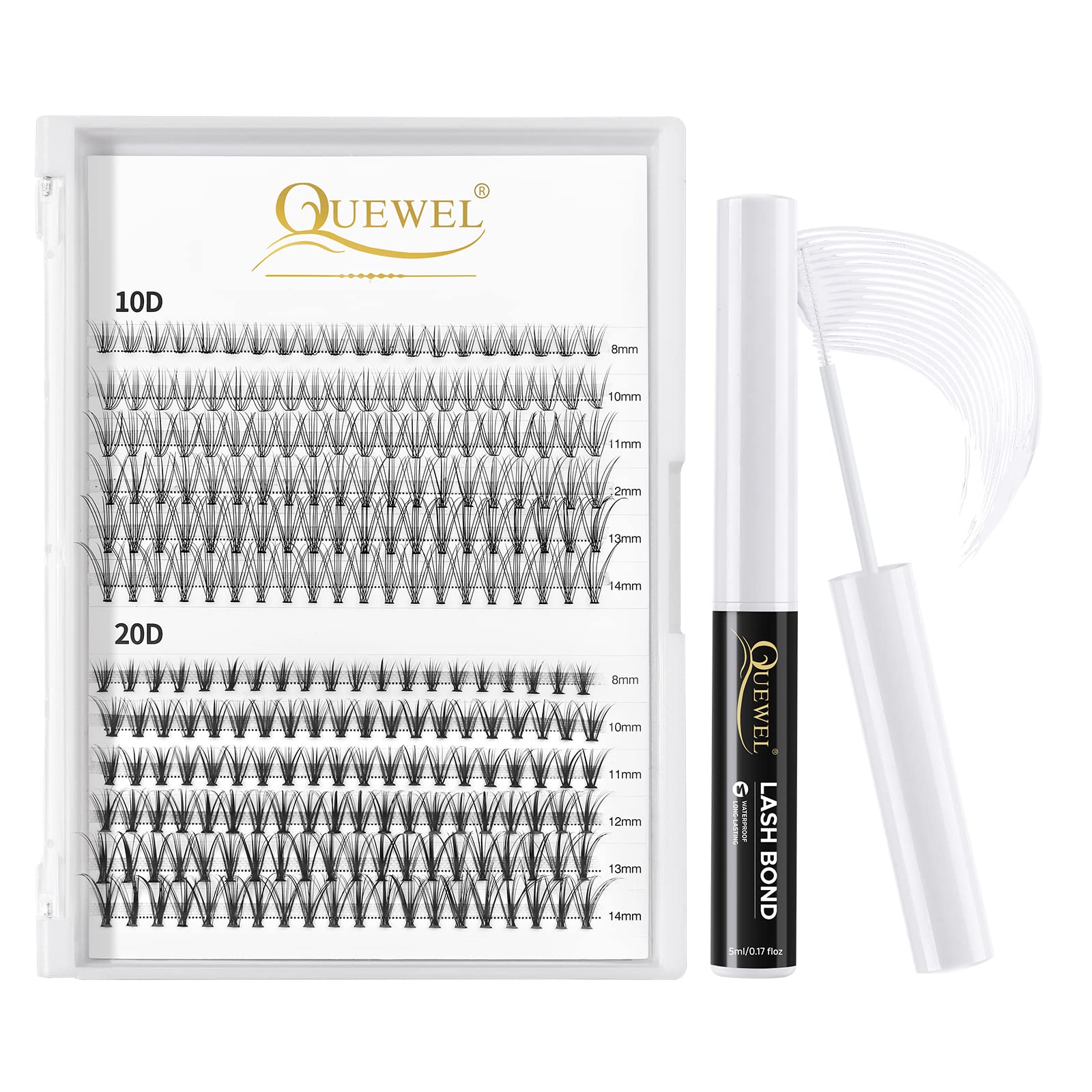 QUEWEL 240Pcs Cluster Lashes 10D+20D D Curl Mix8-14mm Lash Extensions Soft&Natural False Eyelashes & Lash Clusters Bond, White Lash Adhesive For DIY Eyelash Extensions