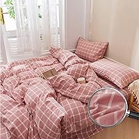 Modern Duvet Cover Queen White Pink Checkered Pattern Bedding Sets Soft Breathable Washed Cotton Quilt Cover with Zipper Closure Skin-Friendly Cooling Queen Size Duvet Cover Sets 90