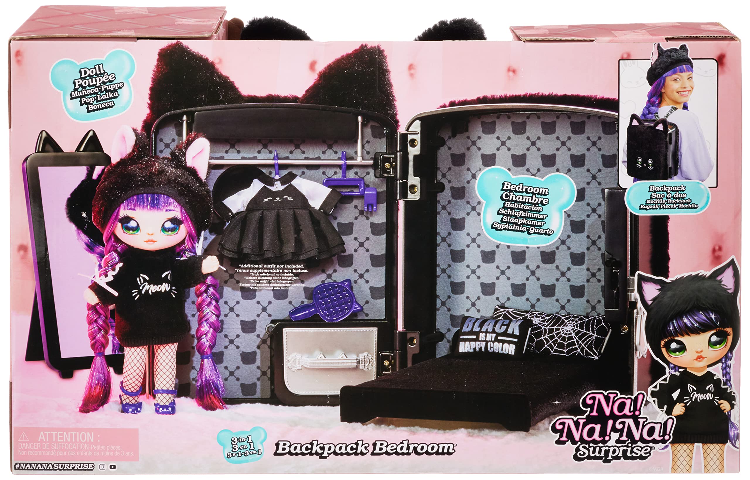 Na! Na! Na! Surprise 3-in-1 Backpack Bedroom Playset with Fashion Doll Tuesday Meow in Exclusive Outfit | Black Fuzzy Kitty Bag, Real Mirror, Closet with Drawer, Pillows, Blanket | Kids Ages 5+
