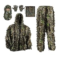 PELLOR Outdoor Camo Ghillie Suits, 3D Leafy Ghille Suit Hooded Hunting Airsoft Camouflage Gillies Suits for Kids & Adults