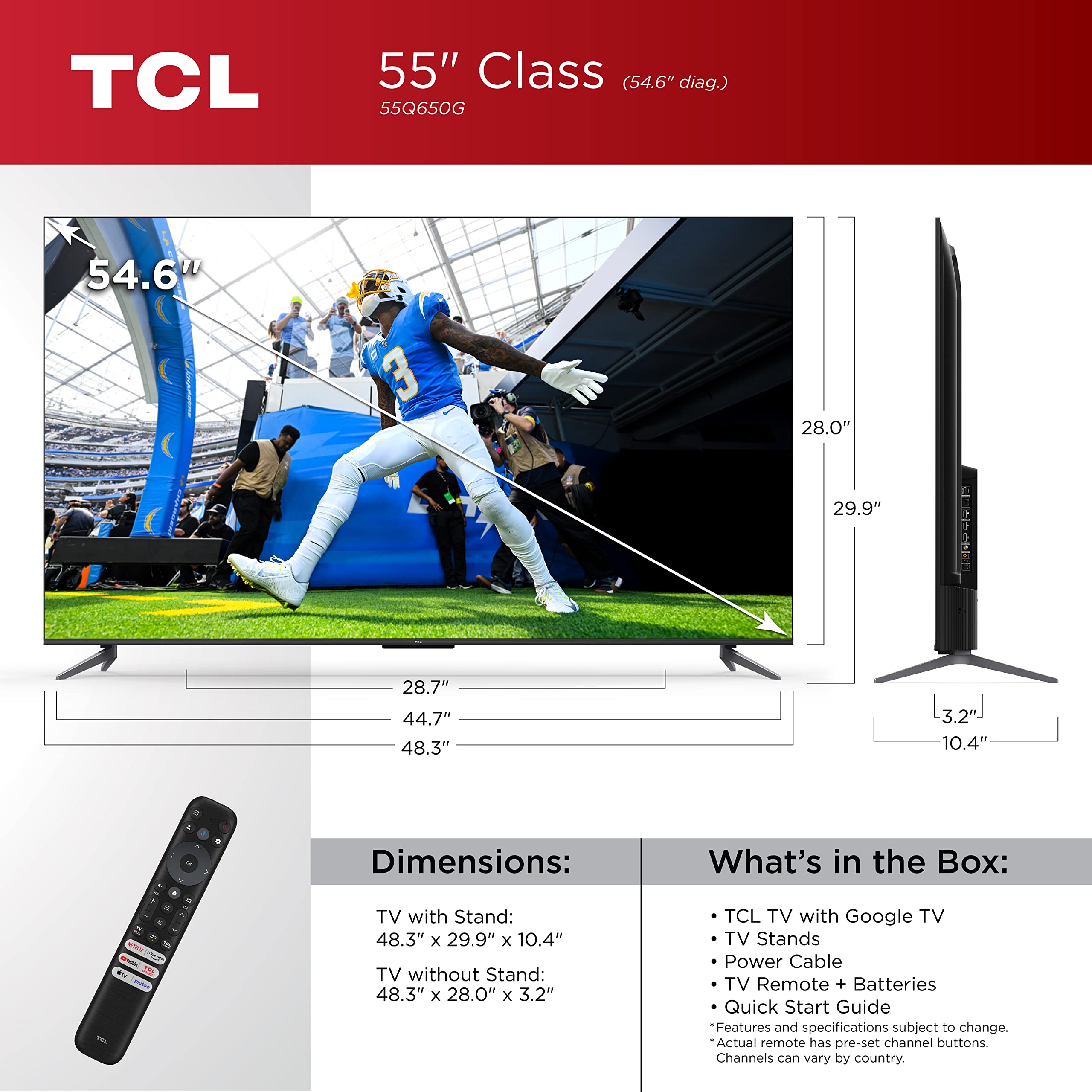 TCL 55-Inch Q6 QLED 4K Smart TV with Google TV (55Q650G, 2023 Model) Dolby Vision, Dolby Atmos, HDR Pro+, Game Accelerator Enhanced Gaming, Voice Remote, Works with Alexa, Streaming UHD Television