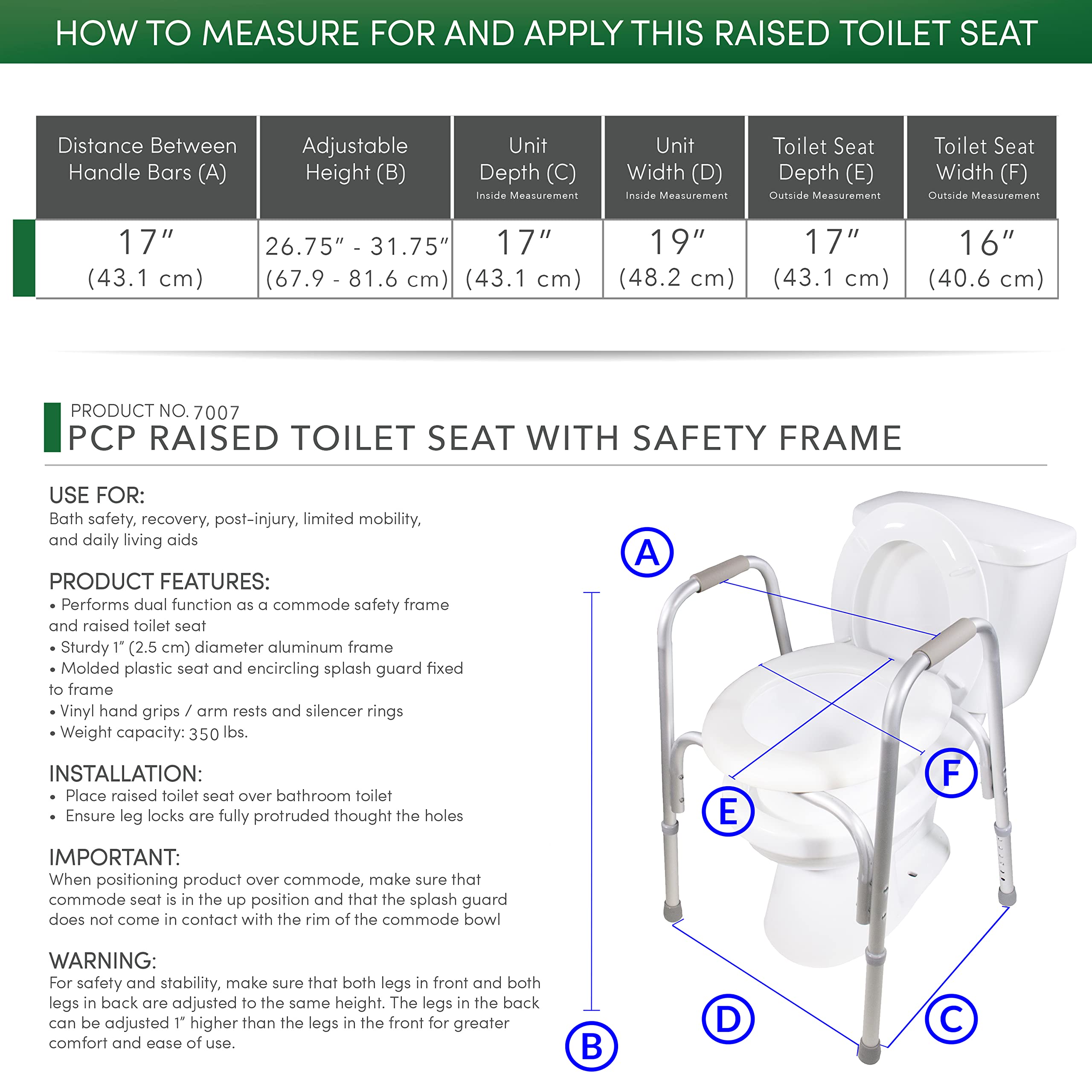 PCP Raised Toilet Seat and Safety Frame (Two-in-One), Adjustable Rise Height, Secure Elevated Lift Over Bowl, Made in USA, Regular