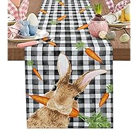 Spring Easter Table Runner 60 Inches Long for Dining Table, Washable Cotton Linen Farmhouse Table Runners Dresser Scarf for Kitchen Party Holiday Cute Bunny Rabbit Carrot Buffalo Plaid