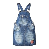KIDSCOOL SPACE Baby Girls Overalls Jean Dress, Flower Embroidered Double Color Spliced Tulle Skirts