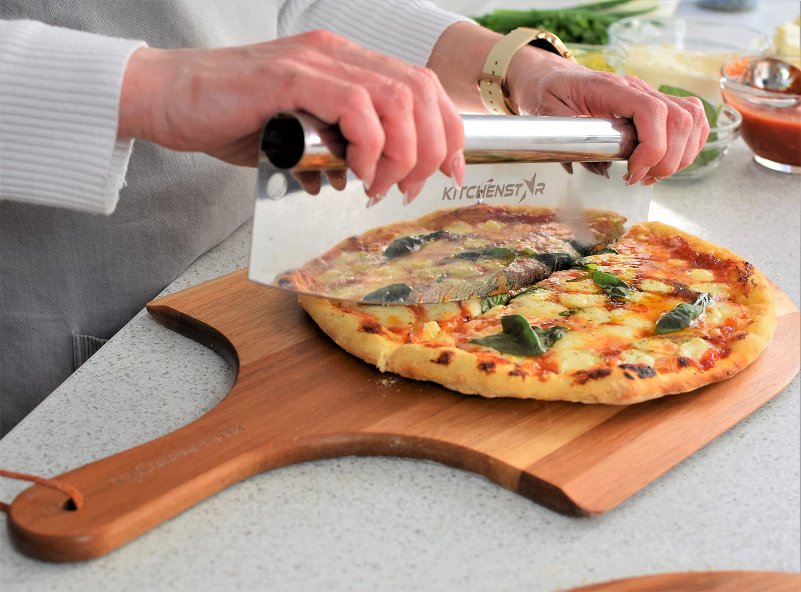 KitchenStar Pizza Stone for Oven and Grill 12 inch + Acacia Wood Pizza Peel 12