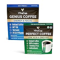 VitaCup Organic Perfect Dark Roast Low Acid Instant Coffee Sticks 24 Ct & Genius Instant Keto Coffee Sticks 24 Ct Medium-Dark Roast for Energy & Focus, MCT Oil, Turmeric, Cinnamon, & Vitamins