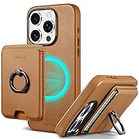 TUCCH Case for iPhone 15 Pro with Removable Card Wallet, [Magnetic Wireless Charging] RFID Blocking Finger Ring Grip Stand, PU Leather Protective Slim Back Cover Compatible with iPhone 15 Pro, Brown