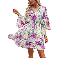 Jollycode Women's Spring Summer 2023 Floral Mini Dress Boho A Line Chiffon Dress Casual Batwing Sleeve Short Dress