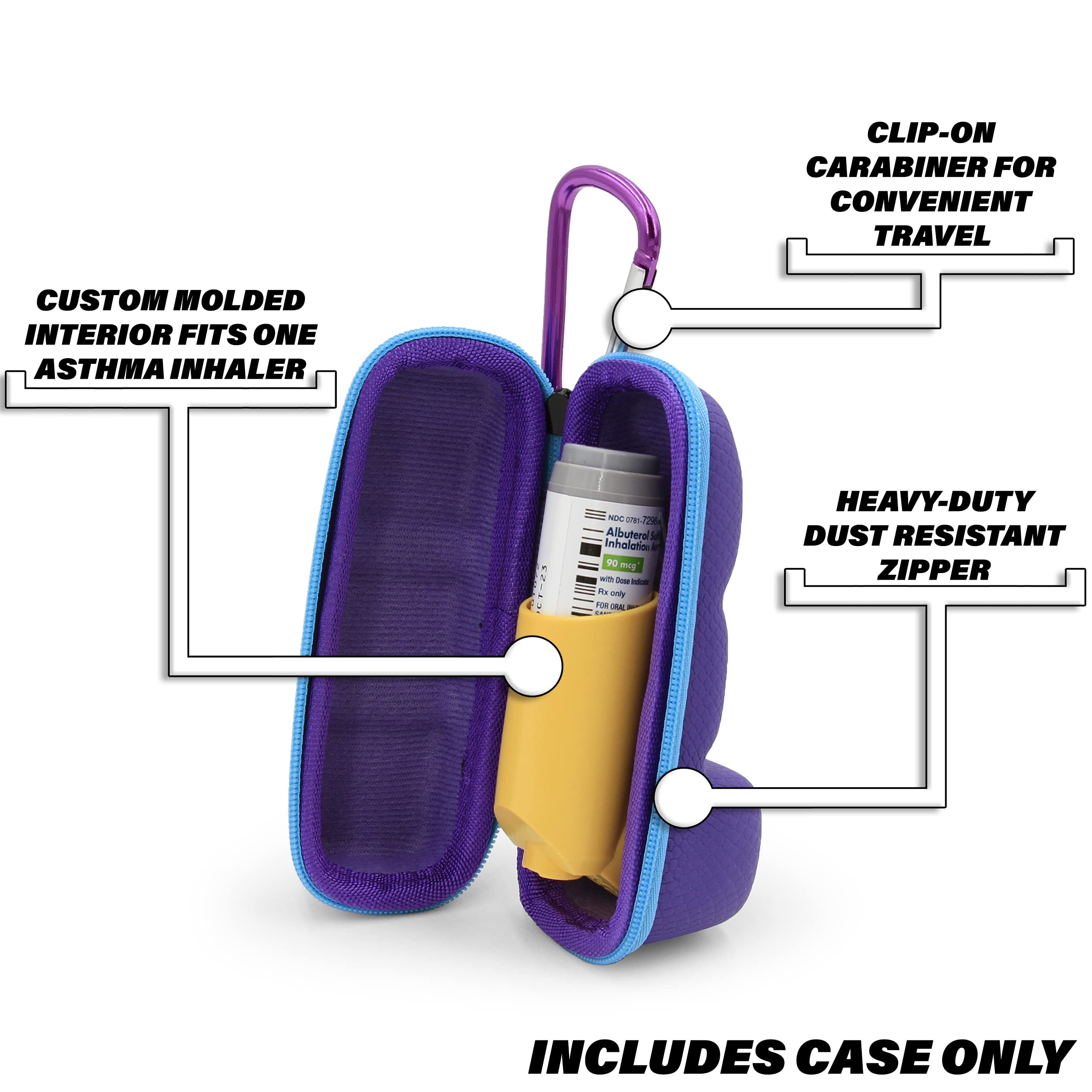 CASEMATIX Asthma Inhaler Case with Lanyard and Clip On Keychain Carabiner, Inhaler Holder Extended to Fit Standard Rescue and New Albuterol Inhaler Devices up to 4 Inches - Includes Asthma Case Only