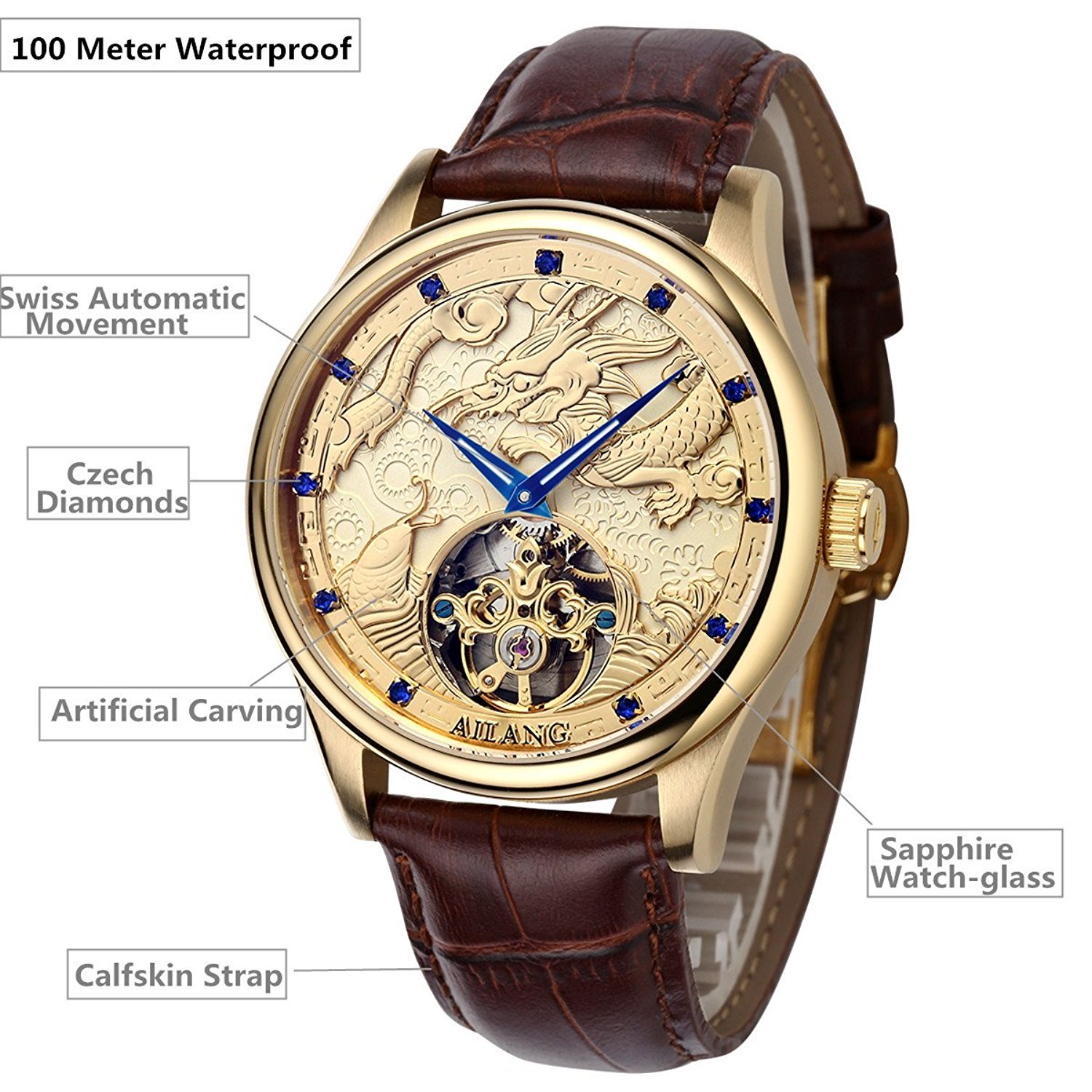 Ailang WhatsWatch Men's Gold Watch Emboss 3D Chinese Dragon Brown Leather Band Waterproof Automatic Wristwatch