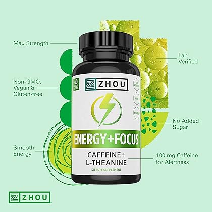 Zhou Energy + Focus | Caffeine with L-Theanine | Focused Energy for Your Mind & Body | #1 Nootropic Stack for Cognitive Performance | 60 VegCaps