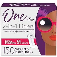 One by Poise Panty Liners (2-in-1 Period & Bladder Leakage Daily Liner), Long, Extra Coverage for Period Flow, Very Light Absorbency for Bladder Leaks, 150 Count (3 Pack of 50)
