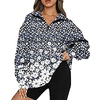 Women's Casual Fashion Floral Print Long Sleeve Zipper Drop Shoulder Outdoor Oversized Sweatshirts Fall, S-3XL