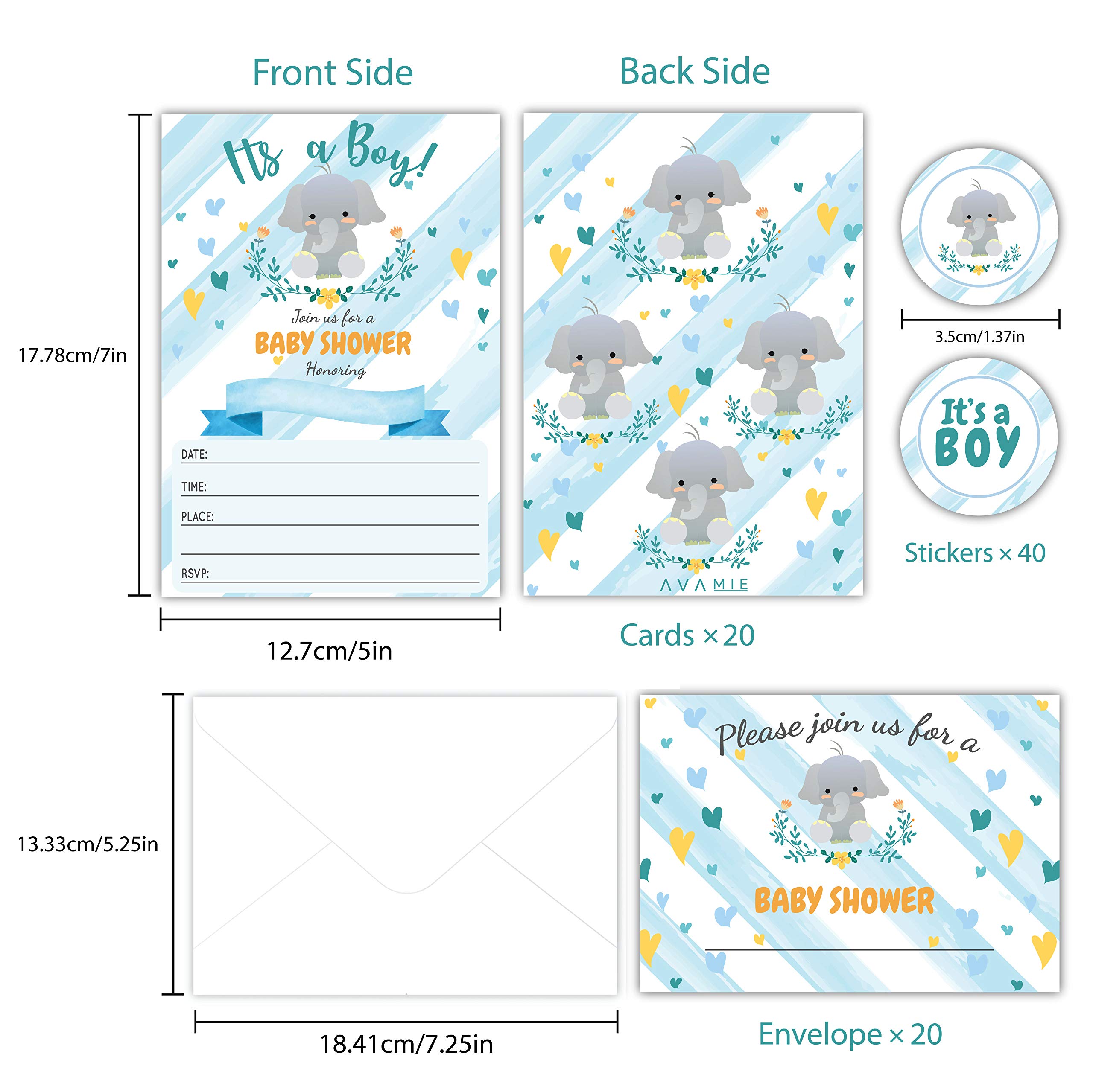 Avamie 20 Pack It's A Boy Blue Elephant Baby Shower Invitations with Envelopes and Stickers, Baby Shower Invitations For Boys