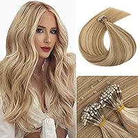 MY-LADY Nano Bead Hair Extensions Human Hair Invisible Nano Ring Hair Extensions Pre Bonded Cold Fushion Natural Nano Tips Extensions 50 Strands 50g 24 Inch #12P613 Golden Brown&Bleach Blonde