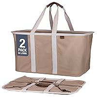 CleverMade Collapsible Laundry Tote, LUXE Mocha 2PK - 50L (13 Gal) Premium Cotton Blend Collapsible Laundry Baskets with Sturdy Pop-Up Wire Frame, Long Carry Handles and Vegan Leather Accents