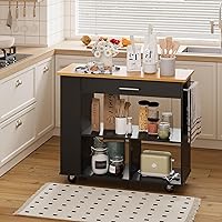 Shintenchi Kitchen Island on Wheels with Large Work Countertop, Storage Island & Cart with 3-Tier Spice Rack, 3 Open Shelves and 1 Drawer, Black