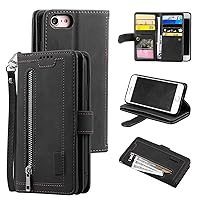 UEEBAI Wallet Case for iPhone SE 2022 5G/iPhone 7/iPhone 8/iPhone SE 2020, Retro 9 Card Slots Zipper Pocket Handbag Case PU Leather Magnetic Cover Wrist Strap Flip Case for iPhone SE3/SE2 - Black