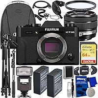 FUJIFILM X-T30 II Mirrorless Camera with XC 15-45mm OIS PZ Lens (Black) + 64GB Extreme SDXC, 2X Spare Batteries, Multi-Coated UV Filter, Universal Speedlite & Much More (27pc Bundle)
