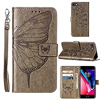 iPhone 8/7/SE 2022 Case, Butterfly Floral Embossed PU Leather Wallet, Card Holder, Kickstand, Magnetic Closure, Wrist Strap (Gray)