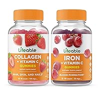 Lifeable Collagen & Vitamin C + Iron with Vitamin C, Gummies Bundle - Great Tasting, Vitamin Supplement, Gluten Free, GMO Free, Chewable Gummy