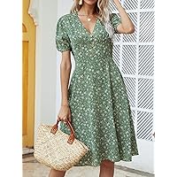 Dresses for Women - Ditsy Floral Button -line Dress (Color : Green, Size : X-Small)