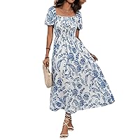 MakeMeChic Women's Boho Allover Print Square Neck Maxi Dress Short Puff Sleeve Shirred High Waist Summer A Line Dress