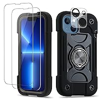 for iPhone 14 Case/iPhone 13 Case 6.1 Inch with Ring Stand, with 2 Pack Glass Screen Protector + 1 Pack Camera Lens Protector,Heavy-Duty Shockproof Military Grade Rugged Cover (Black)