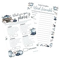 Blue Little Pumpkin Baby Shower Party Games - What's On Your Phone and Word Scramble (2 Game Bundle) - 20 Dual Sided Cards