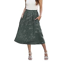 Women's Midi Skirts 2024 Casual High Waist Polka Dot Pleated Skirt Boho A-Line Flowy Skirt with Pockets