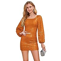PEIYJYUSP Square Neck Sequin Short Homecoming Dresses for Teens Long Sleeve Tight Cocktail Party Dresses for Women 2024