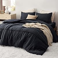 Bedsure King Comforter Set with Sheet - 4 Pieces Soft Black Bedding Sets, Grid Pinch Pleat, All Season Lightweight Fluffy Bed Set with Solid Boho Comforter, Pillowcases & Sheet
