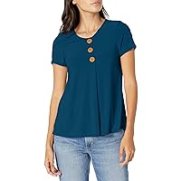 Star Vixen Women's Petite Elbow Sleeve Button Front Flowy Tank Top with Pleated Detail