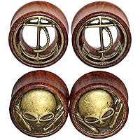 2 Pairs Alien Skull,Anchor Wood Flesh Tunnels Double Flare Ear Stretcher Plugs Gauge 8-20mm