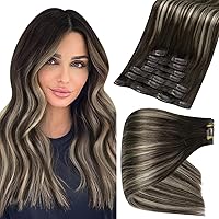 Full Shine Clip in Human Hair Extensions Straight 14in Clip in Hair Extensions Black Women Balayage Dark Brown Fading to 2 Highlights Platinum Extensions Natural Human Hair Pu Weft 120g 8 Pcs