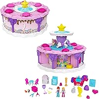 Polly Pocket 2-in-1 Playset, Unicorn Toy with 2 Micro Dolls and 25 Surprise Accessories, Birthday Cake Countdown