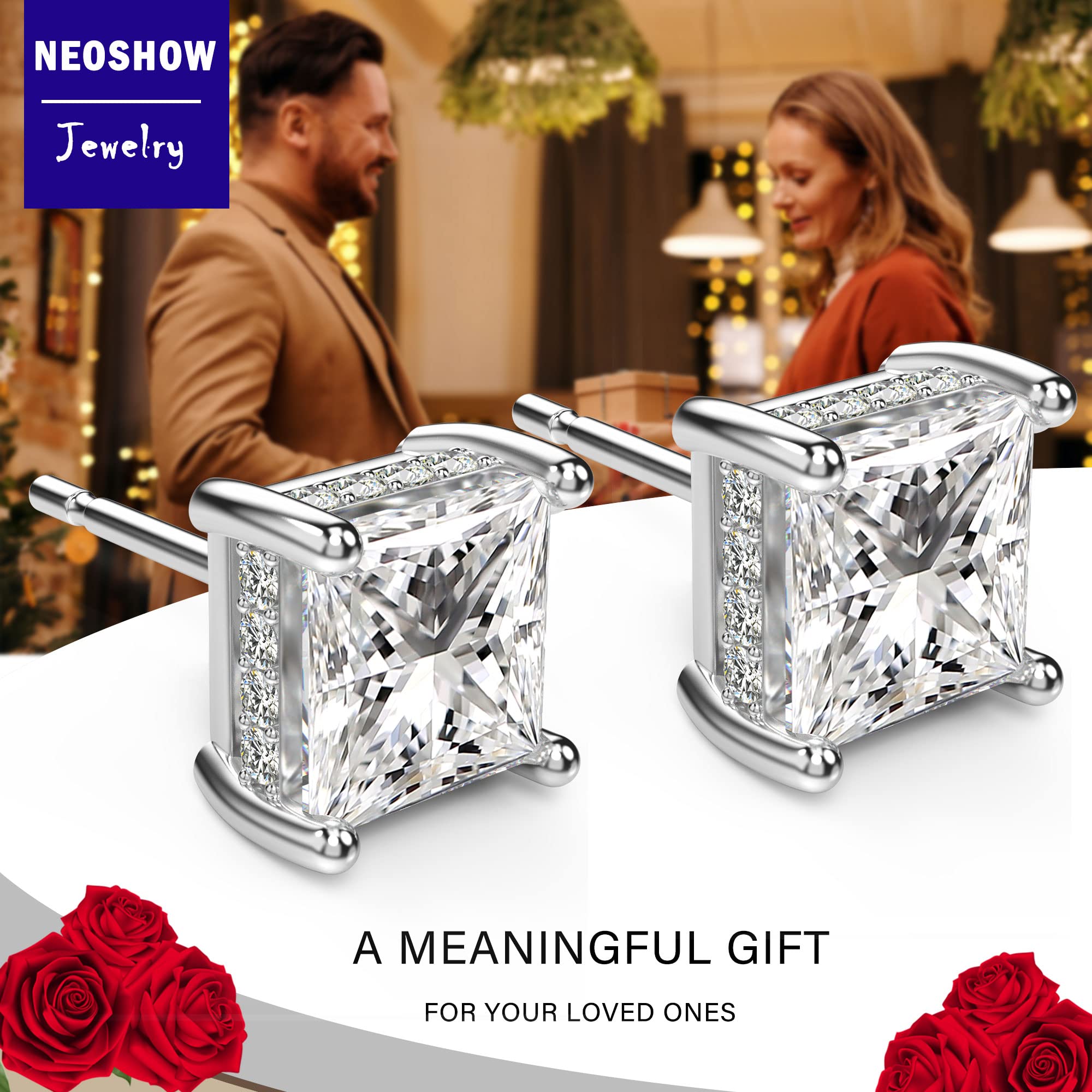 18K White Gold Plated Sterling Silver Princess Cut Cubic Zirconia Stud Earrings Square Simulated Diamond CZ Stud Earrings for Women Men Hypoallergenic