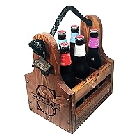 Wooden Beer Bottle Caddy - Handcrafted solid wood 6 pack carrier with rustic cast iron bottle opener and magnetic cap catch. Personalized Gift perfect for Christmas, Birthdays New Years and more