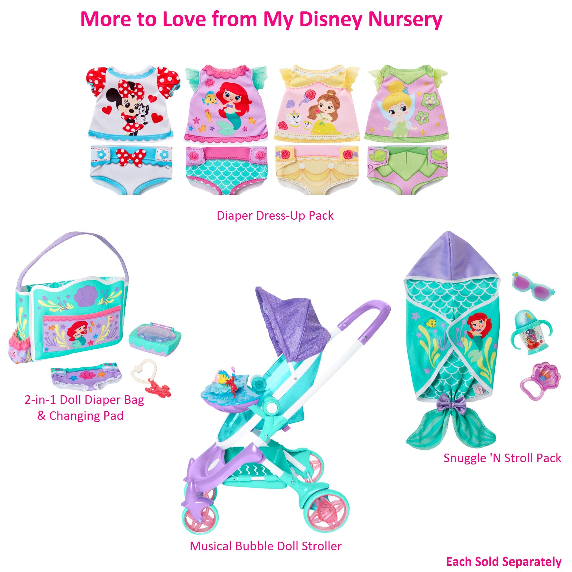 My Disney Nursery Baby Doll Accessories, Ariel Transforming 2-in-1 Diaper Bag & Changing Pad for Dolls Inspired by Disney The Little Mermaid! Pretend Wipes Toy Container, Diaper Clip with Charm